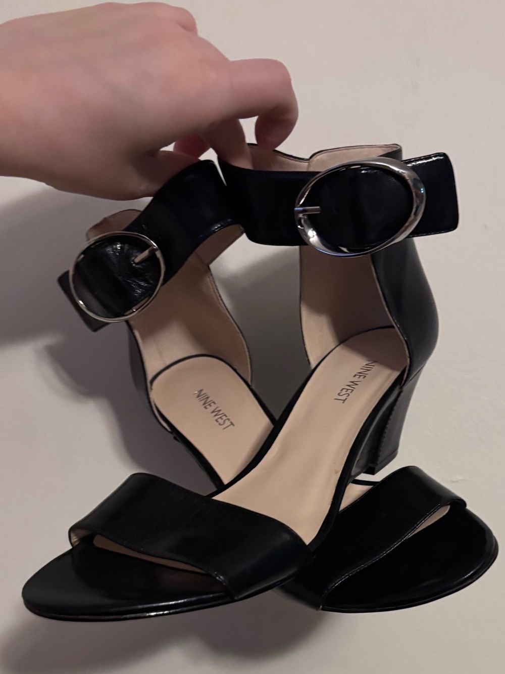 Nine West Black Patent Ankle-Strap Block Heels with Silver Buckles